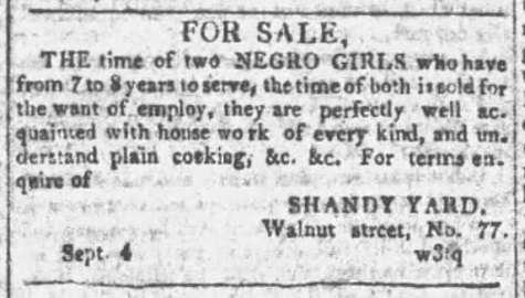 Ad for two female term slaves, 1805.